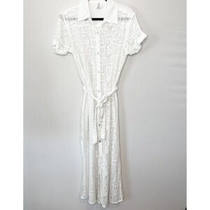 BECCA Swimsuit Lace Cover Up Size M‎ White Button Front Belted Tunic Cotton